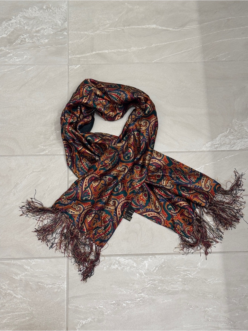 Saks Fifth Avenue Black Label Paisley Fringe Silk Scarf Dark Academia Maximilist